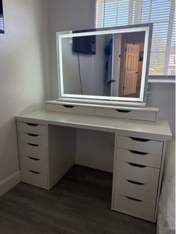 White IKEA Alex desk with mirror - $280