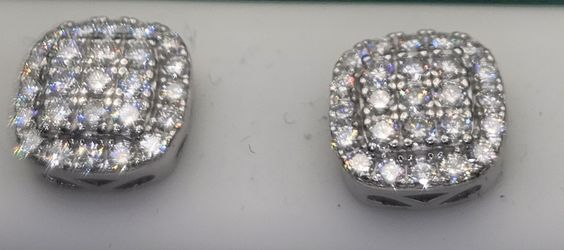 Moissanite Cushion Halo Cluster Stud Earrings in White Gold Unisex Screw Back 