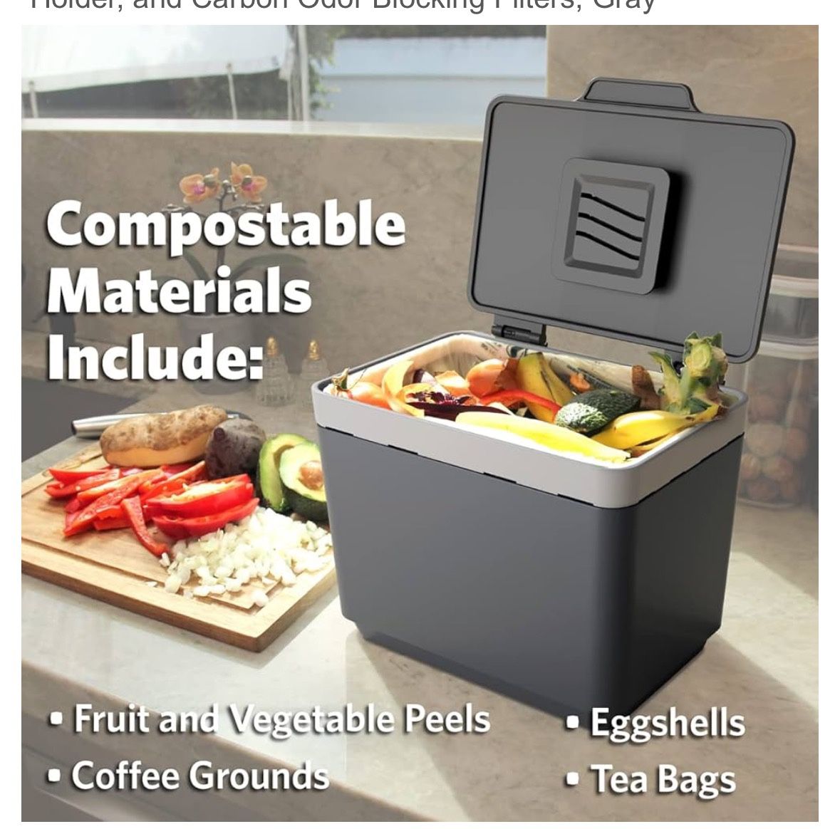 GLAD Compost Bin for Kitchen, 1.5 Gallon | Plastic Container with Removable Inner Basket, Bag Storage Holder, and Carbon Odor Blocking Filters, Gray