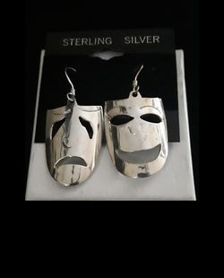 Handcrafted Sterling Silver French Hook Theatre Mask Earrings, Made in Mexico