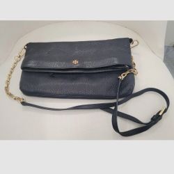 TORY BURCH FOLD OVER Tan PEBBLED LEATHER CROSS BODY BAG PURSE