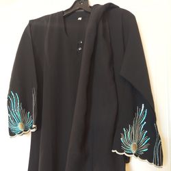 FLARE SLEEVE DRESS W/ SEQUIN HEMLINES AND MATCHING SCARF FROM DUBAI ( ABAYA DRESS ) 