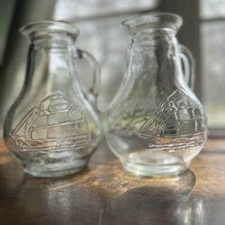 Set Of 2 Vintage Clipper Ship Embossed Sailboat Clear Glass Pitcher With Handle