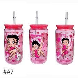 Betty Boop Hearts Acrylic Plastic Tumbler Cup 16oz Pink