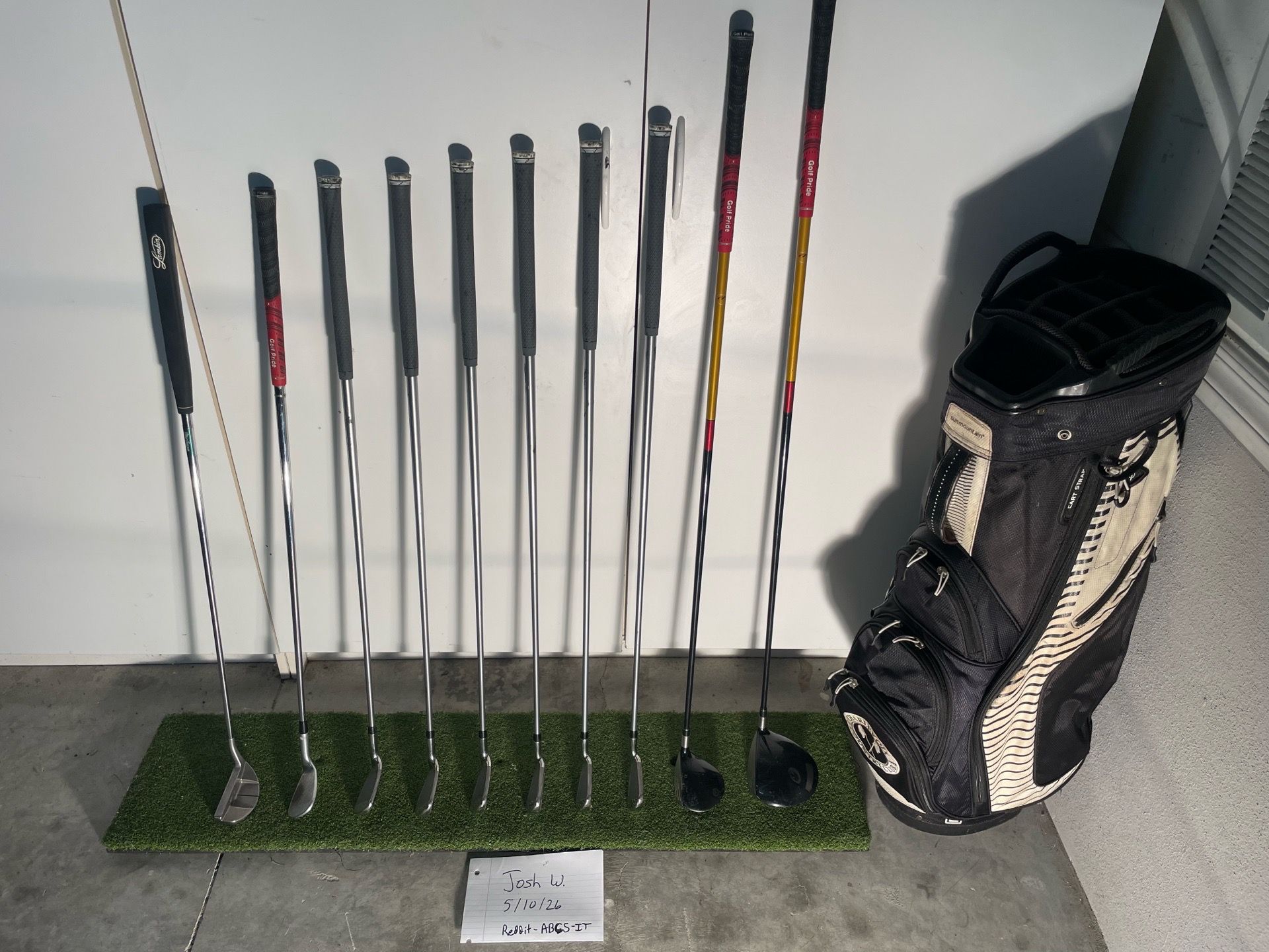 LH lefty golf set - Taylormade R7 woods, Cobra King F8 irons, Titleist Vokey wedge, Sun Mountain bag
