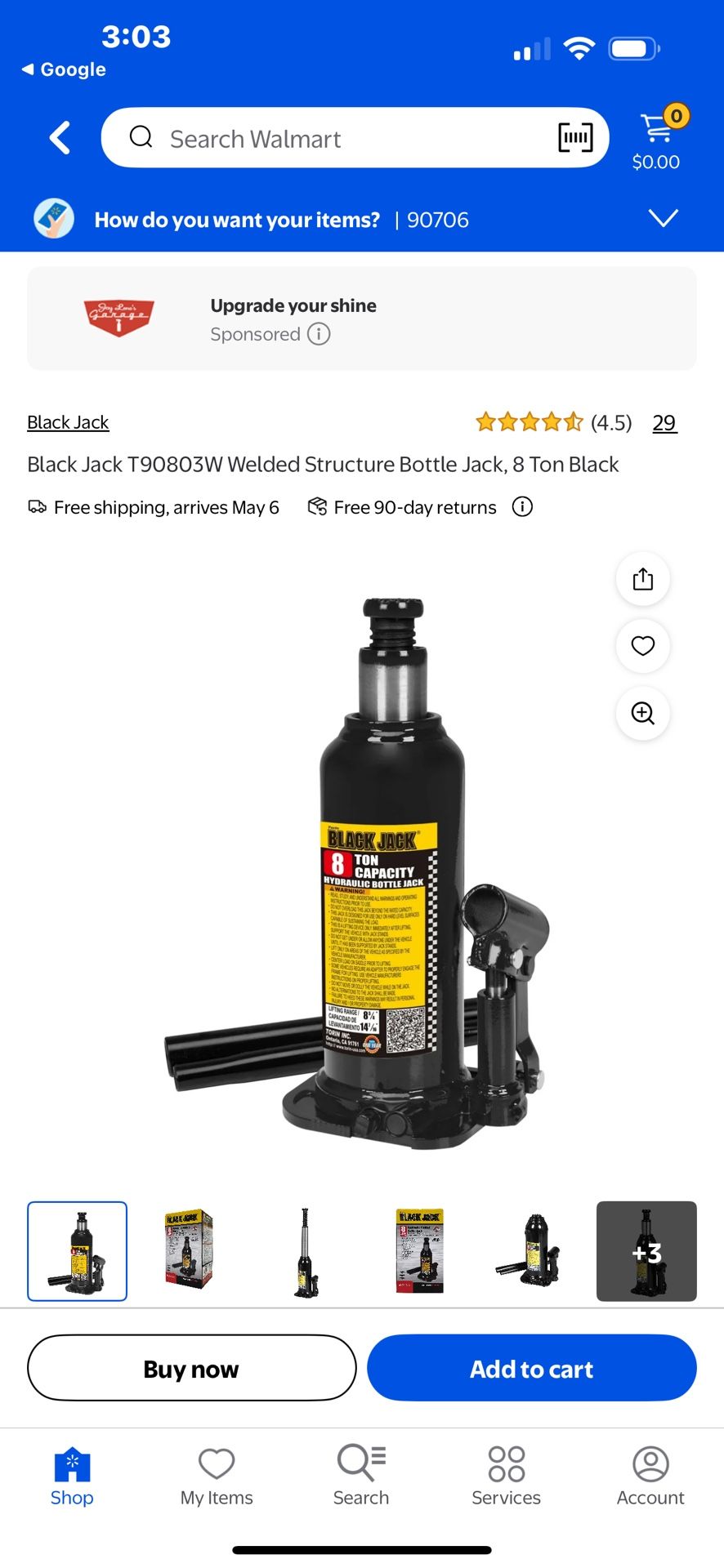 Jack Black Jack T90803W Welded Structure Bottle Jack, 8 Ton Black