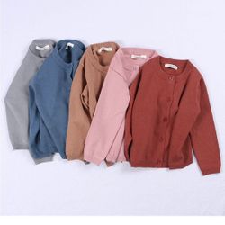 Little Girls Cute Crew Neck Long Sleeve Button-Down Solid Cotton Fine Knit Cardigan Sweaters