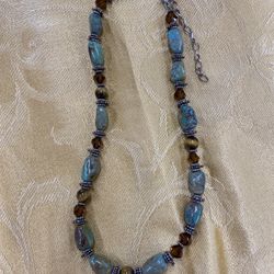 Necklace 100% Polished Green Blue Turquoise and Tiger Eye Round Gemstone