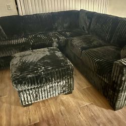 Black Sectional With Ottoman - Soft Fur Like Corduroy Fabric
