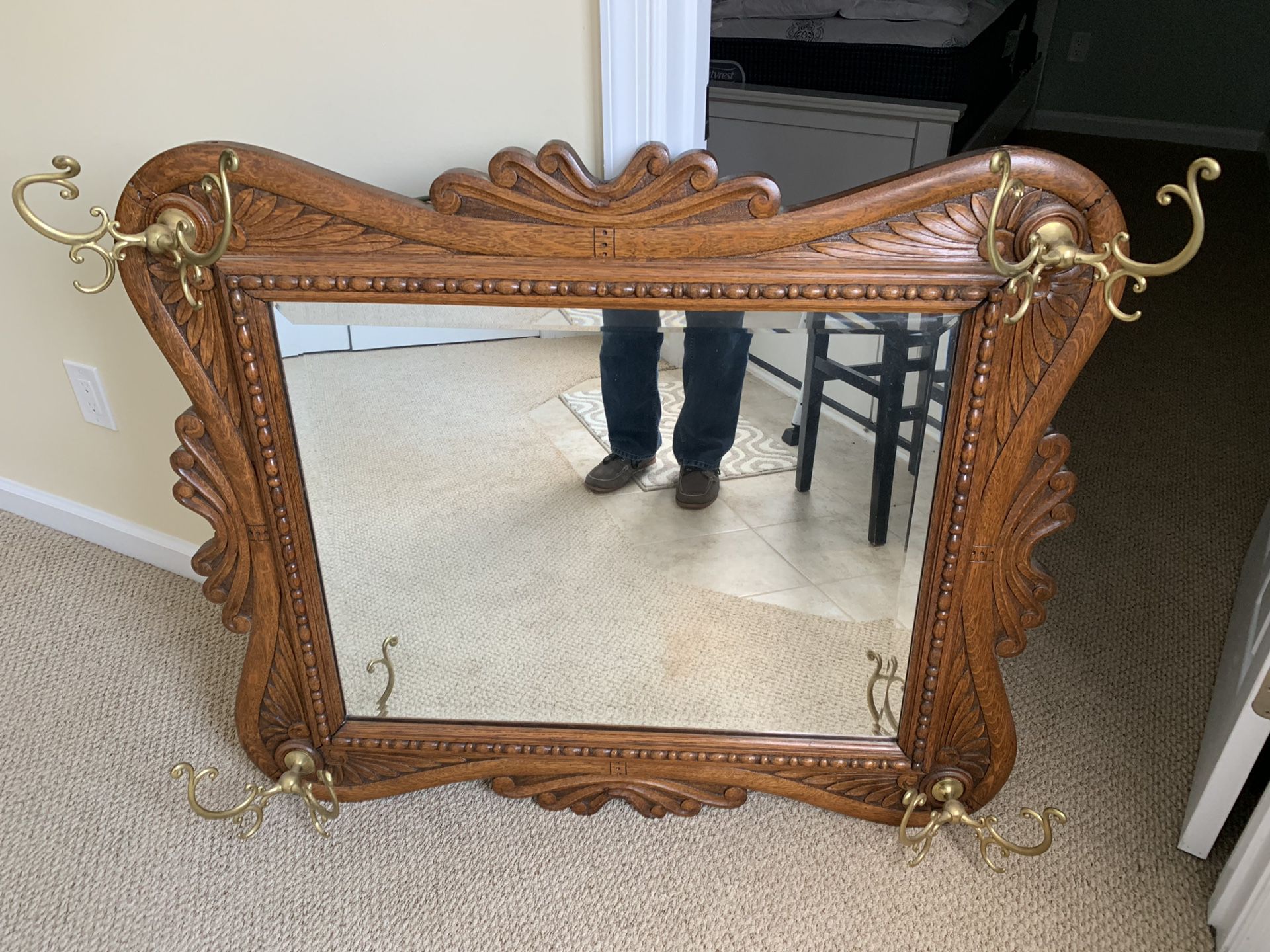 Rare antique solids oak hallway mirror with hooks