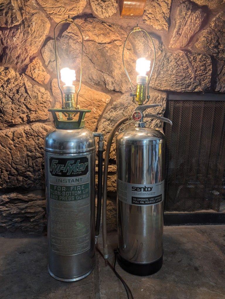 Super Rare Set Of Two XL Antique & Vintage Fire Extinguisher Lamps Set WORKS