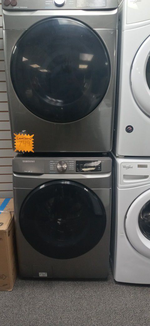 SET SAMSUNG STACKABLE WASHER AND DRYER STAINLESS STEEL WORK GREAT INCLUDING 90 DAYS WARRANTY DELIVERY AVAILABLE