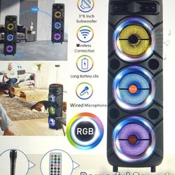 Dazone Portable Bluetooth Speaker Triple 8" subwoofer Wireless Speaker with micphone, usb, rechargeable heavy bass sound LED Party PA System AUX FM