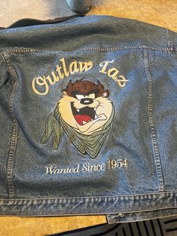 Vintage Taz denim jacket with leather collar