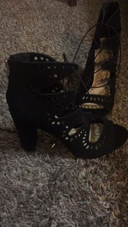 Black stacked heel high heels