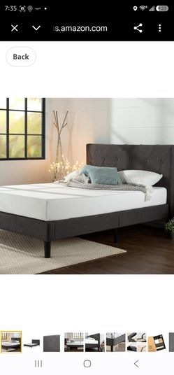 Zinus Shalini Upholstered Platform Bed Frame, Mattress Foundation, Wood Slat Support, No Box Spring Needed, Easy Assembly, Dark Grey, Queen