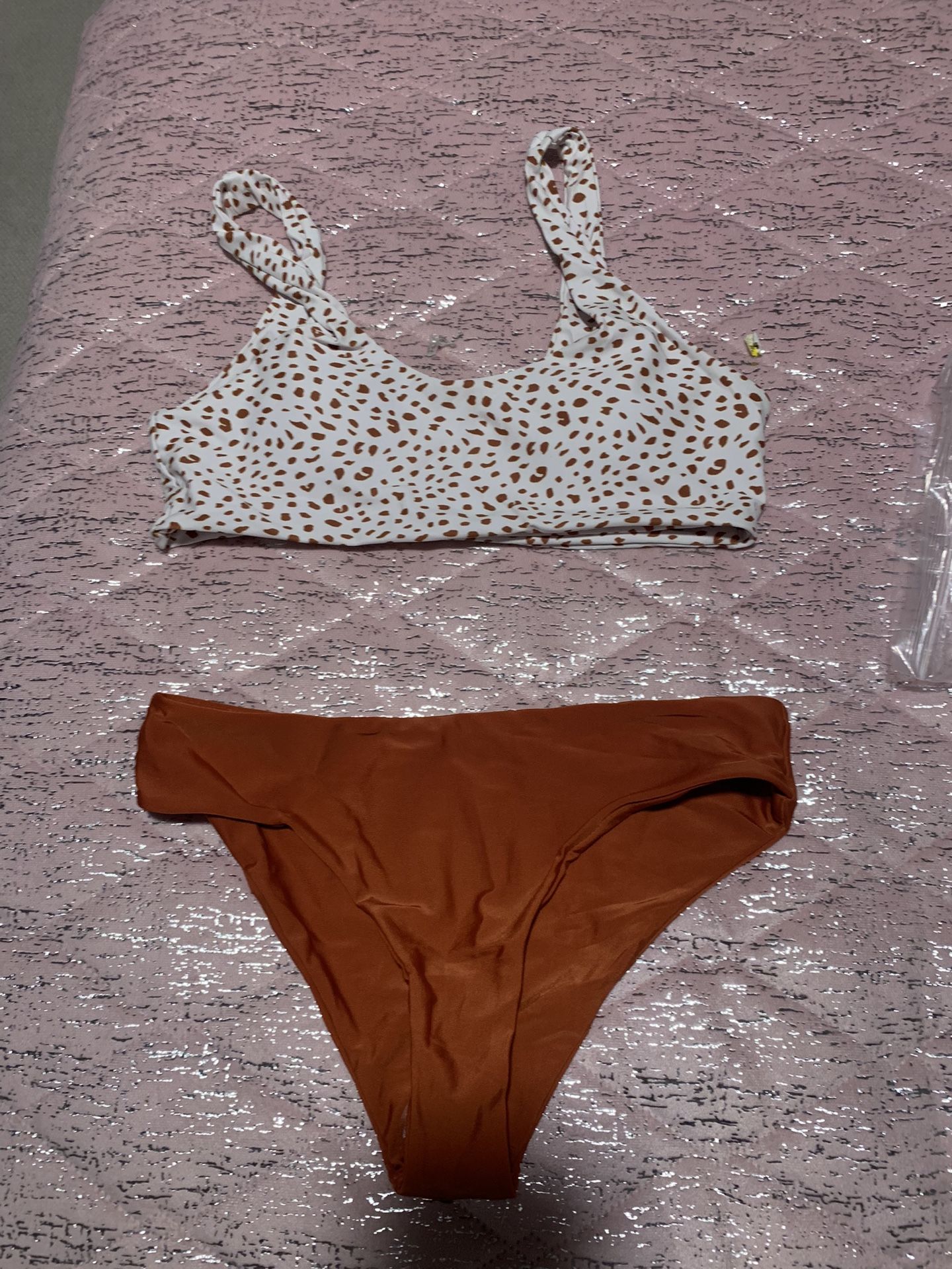 Womens Medium Bikini Swimsuit Orange White Polka Dot