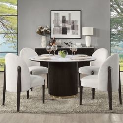 54” Marble Dining Table - Dark Wooden Pedestal Base, White Marble Table Top