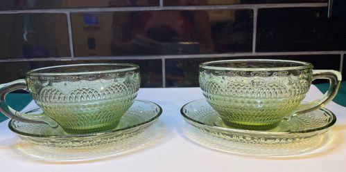 Beautiful sandwich glass large size cup and saucer sets-2 sets