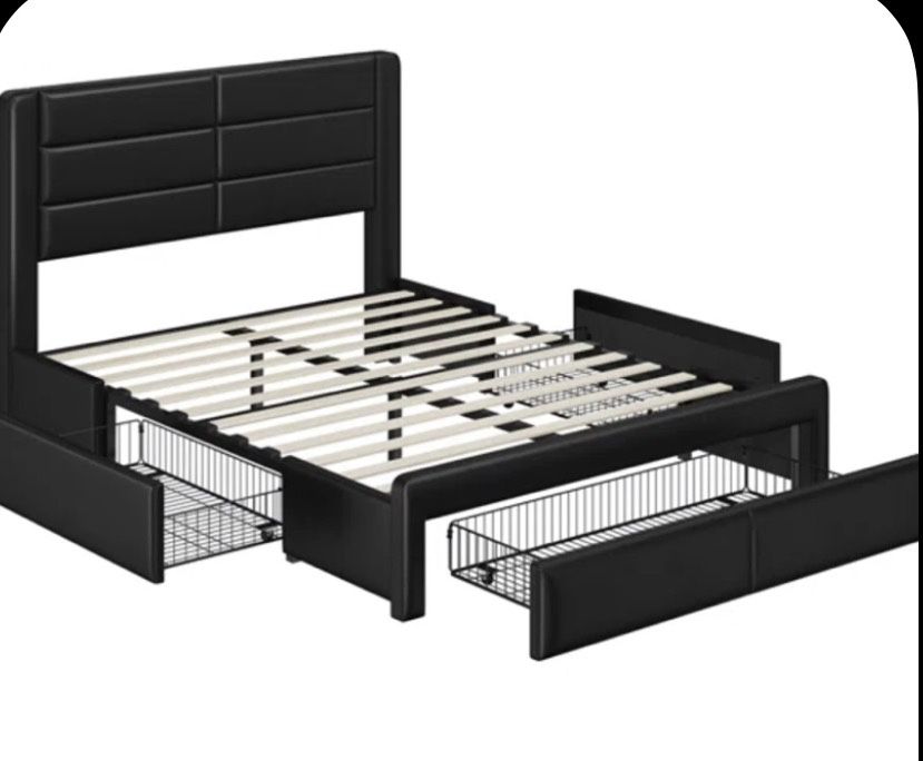 Leather Metal Platform Storage Bed Frame