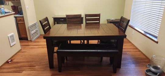 Dark Wood Dining Table Set with Chairs and Bench
