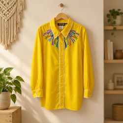 Yellow Western Button-Up Shirt with Embroidery