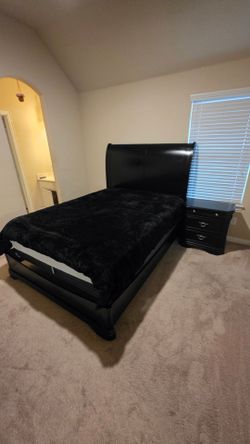 Black Sleigh Bed Frame with Nightstand & Large Dresser