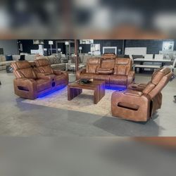 3 Pieces Light Brown Leather Air Transformer Power Reclining Sofa Set
