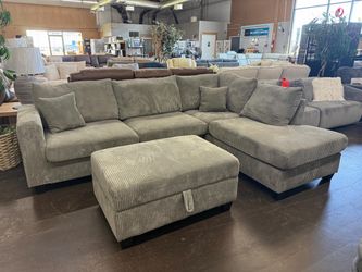 Light Gray Corduroy Sectional with Storage Ottoman