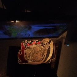 Vintage Baron Solid Brass Skull Flames V Twin Engine Bikers Belt Buckle