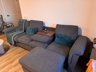 4-Seater Sofa with Storage Ottoman & Drop-Down Table – Dark Gray