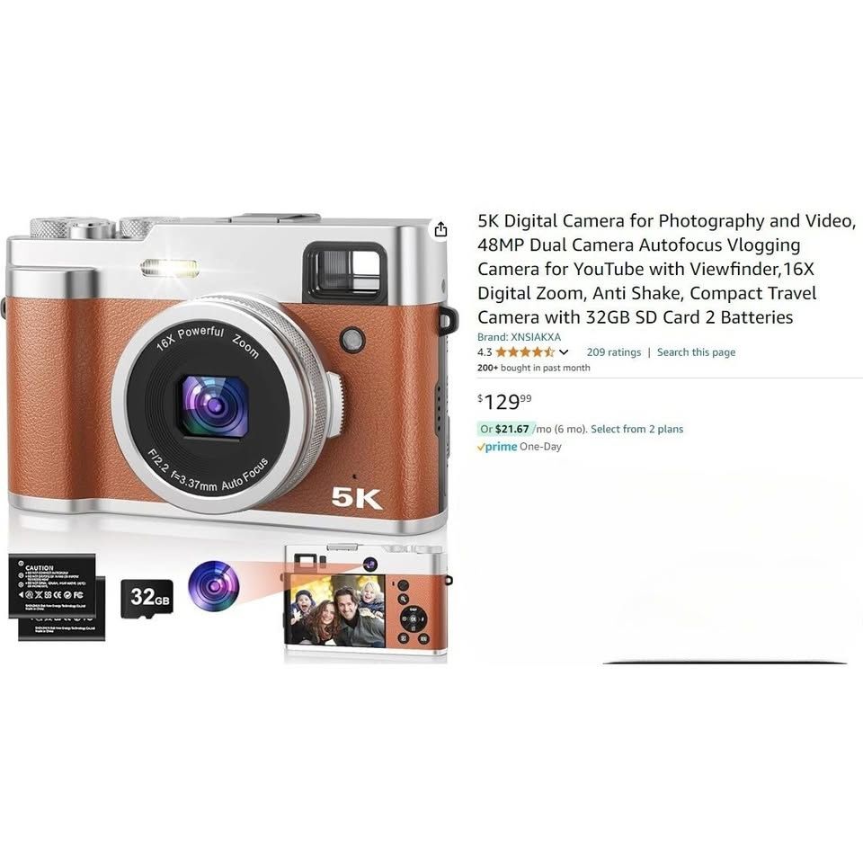 5K Digital Camera for Photography, 48MP Autofocus Vlogging Camera with Viewfinder & Dual Camera, 16X Digital Zoom Point and Shoot Cameras with 32GB SD