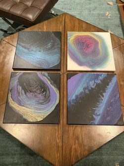 Paintings Set - Four Acrylic Pour Art - Black and White
