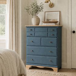 Coastal Modern Solid Maple Dresser – Blue Finish, Natural Wood Top, Vintage Style - Free Delivery!