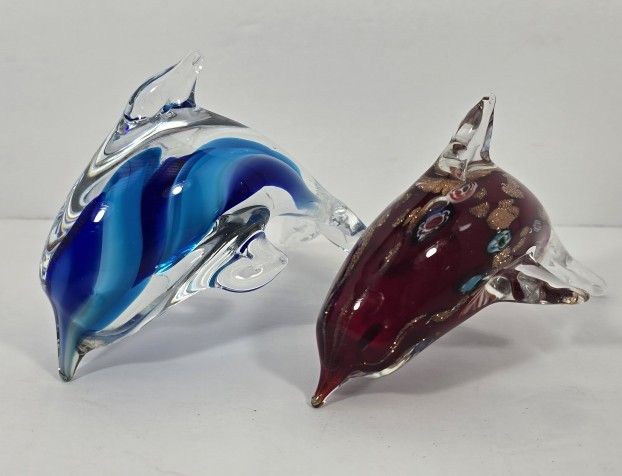 Hand Blown Art Glass Dolphin Figurines Blue Burgandy Gold Specs 5.5" Set of 2