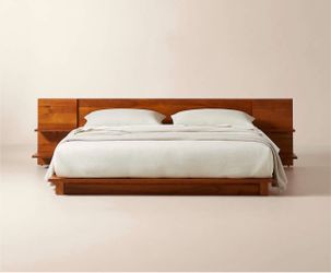 CB2 Andes Acacia Wood Platform King Bed With Nightstands