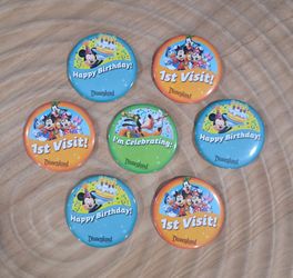 Disneyland Resort celebration buttons for first visits, birthdays, and general celebrations (all 7)