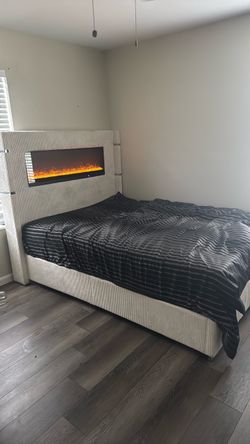 QUEEN BED FRAME – WHITE CORDUROY – MISSING FIREPLACE
