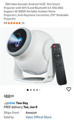 [8KVideo Decode / Android 14.0] Mini Smart
Projector with WiFi 6 and Bluetooth 5.4, 450 ANSI
Support 4K 1080P, Portable Outdoor Movie
Projectors, Auto
