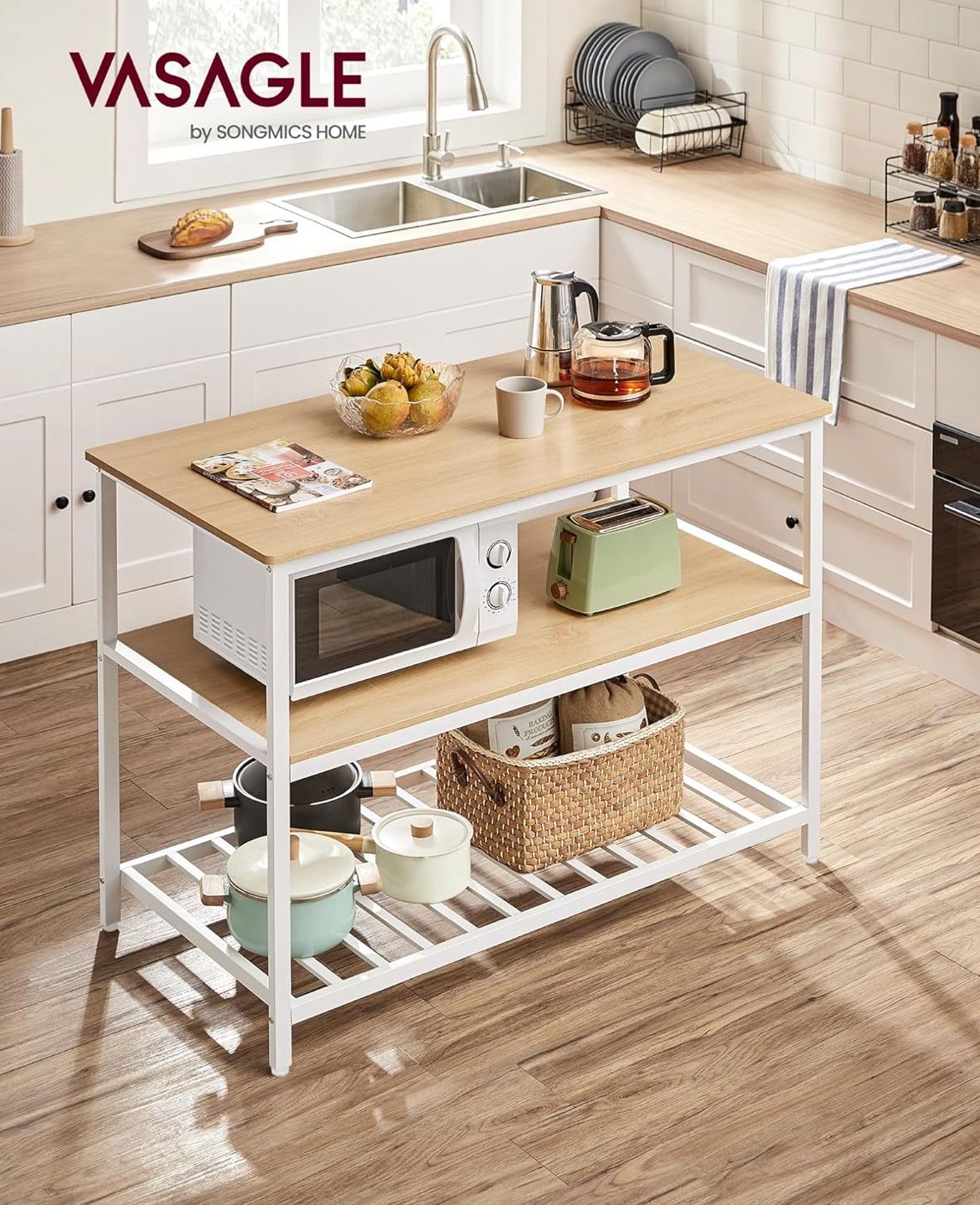 VASAGLE Kitchen Island with 3 Shelves Kitchen Shelf with Large Worktop - Oak Color and White