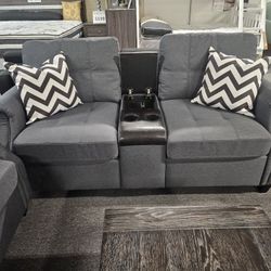 Brand New Gray Linen Loveseat With Cup Holders And Power Outlets