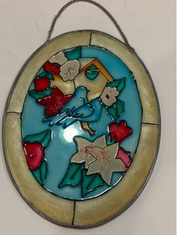 Vintage Joan Baker Designs Oval Suncatcher Stained Glass Blue Bird and Birdhouse Red and White Flowers 7” high and 5.5” across