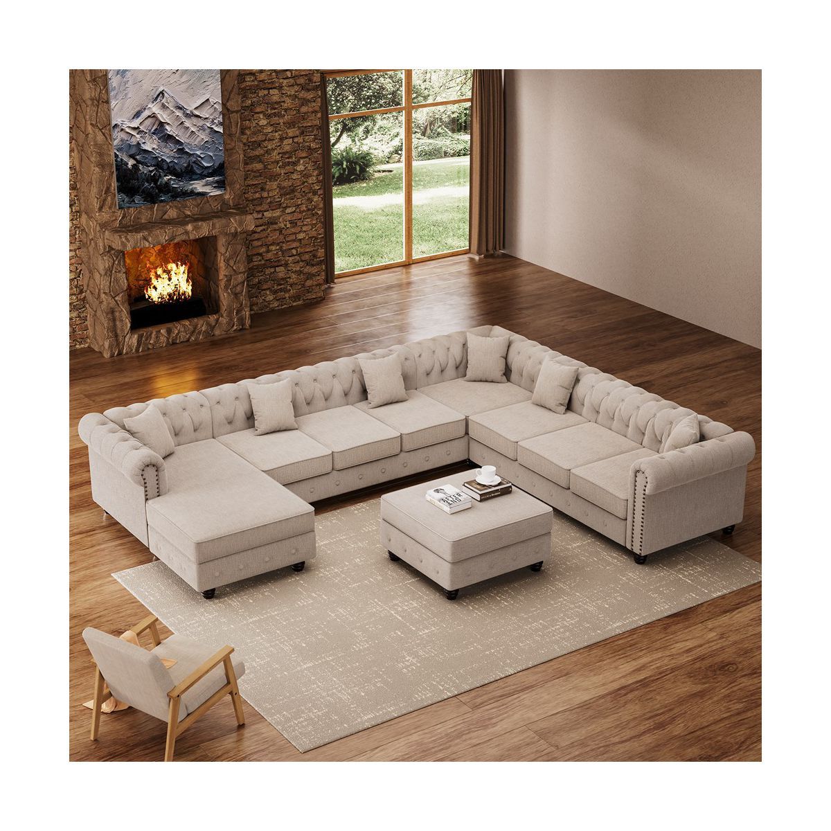 7 seater Linen U Shape Sectional Sofa 132" Large Rolled Arms Corner Couch with Ottoman-Morden Fort