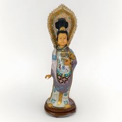 Chinese Republic Period 20.5” Tall Silver Cloisonné Enameled Guanyin Statue 