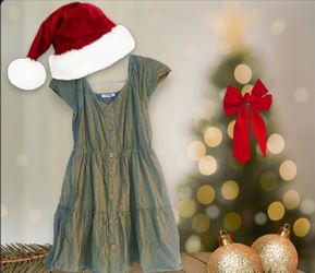 Women's DRESS -'VERTICHE' - Olive Green Tiered Pull-Over Button Up Look Short Sleeve Mini Tall/Medium 