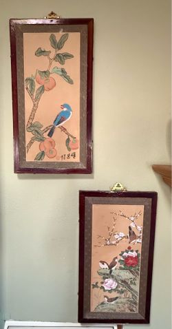 Vintage Pair of Hand-Painted Chinese Silk Bird & Floral Framed Wall Art | 22” x 12”