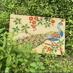 Vintage Large Peacock Needlepoint Wall Hanging, Tapestry Wall Art, Embroidered Blue Bird Art Decor, Cottage Chic Paintings, Retro Floral