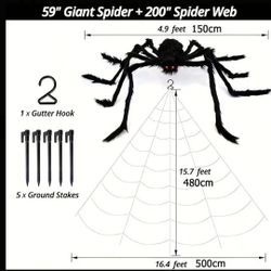 5ft Giant Realistic Black Spider with 200" spider web - Heavy-Duty Outdoor/Indoor Hanging Haunted House Decorations with Lifelike Legs & Body, Scary H