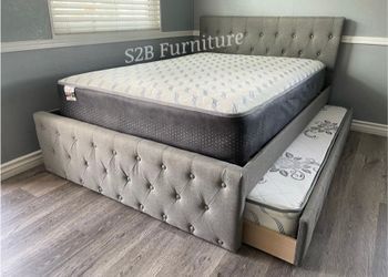 Full Twin Grey frenchi Trundle Bed with Orthopedic Mattress Included