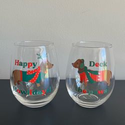 TMD Festive Dachshund Stemless Wine Glass Set Of 2 Christmas Holiday